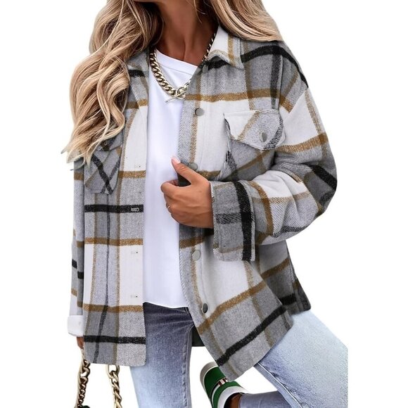 Tops - Women Gray Collared V Neck Button Down Oversized Long Sleeve Shirt Top